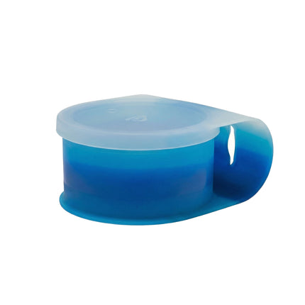 A translucent blue silicone container lid with a matching translucent white lid, shown on a plain white background.
