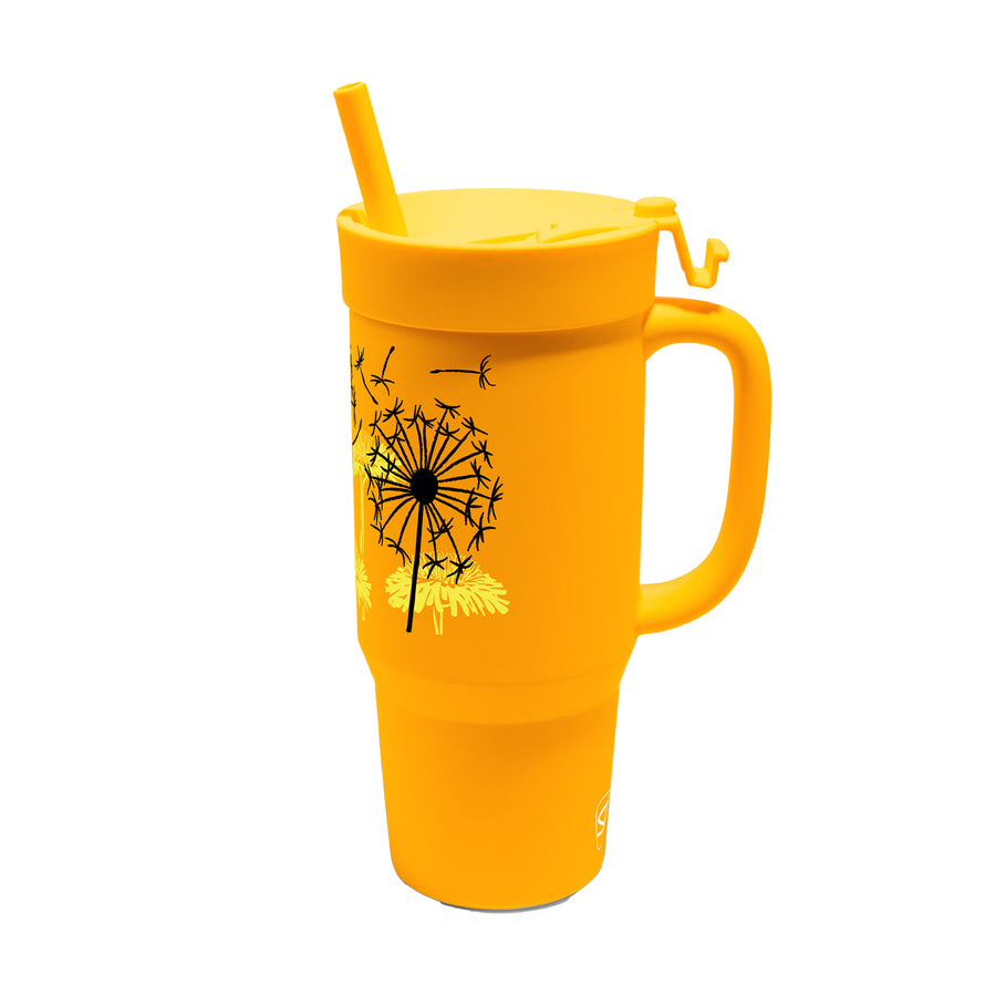 Dandelion 32 oz Straw Tumbler with a lid right side- Classic Yellow