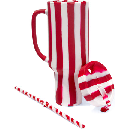 Candy Cane Collection - 64 oz WTFumbler (Handled Straw Tumbler) - Peppermint - Lid Off