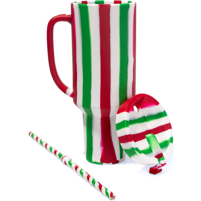 Candy Cane Collection - 64 oz WTFumbler (Handled Straw Tumbler) - Poinsettia - Lid Off