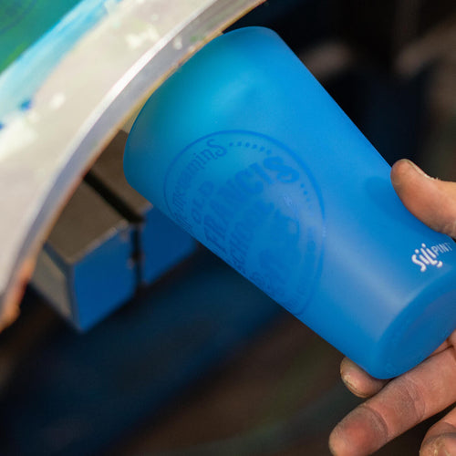 Cloud blue Silipint cup with customized logo.
